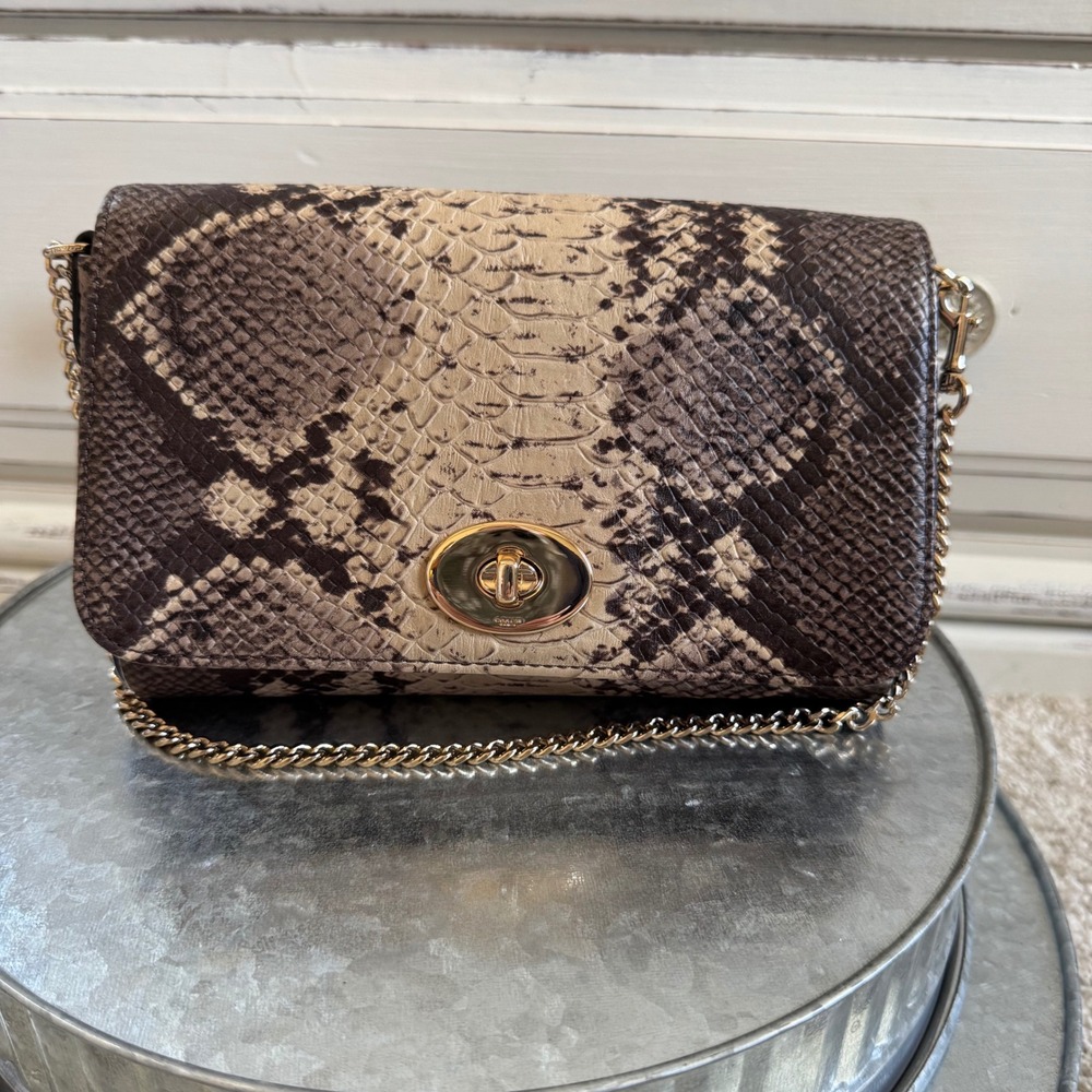 Coach Mini Ruby Snakeskin Print Leather Turnlock Chain Should Bag Clutch Handbag